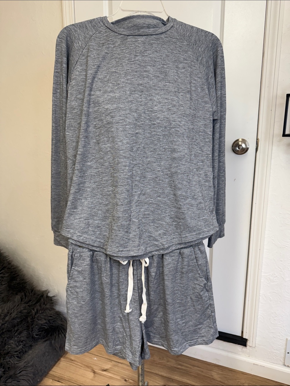 Amazon Gray Women's Two-Piece Pajama Set - Long Sleeve Top & Drawstring Shorts